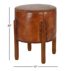 Coupon 😍 20" Brown Leather & Teak Traditional Stool by Ivory and Iris ✨ -Cheap Ivory and Iris Store D304074S 6