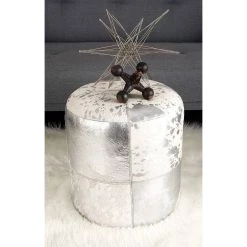 Best deal 💯 17" Silver & White Leather & Wood Glam Ottoman by Ivory and Iris ⌛ -Cheap Ivory and Iris Store D304085S 7