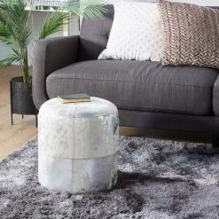 Best deal 💯 17" Silver & White Leather & Wood Glam Ottoman by Ivory and Iris ⌛ -Cheap Ivory and Iris Store D304085S 8