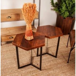 Hot Sale 🔥 Brown Mango Wood Industrial Accent Table Set by Ivory and Iris ⌛ -Cheap Ivory and Iris Store D305034S 6