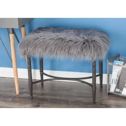 Best Sale ✔️ Gray Fur & Metal Contemporary Stool by Ivory and Iris 🔔 -Cheap Ivory and Iris Store D305078S 10