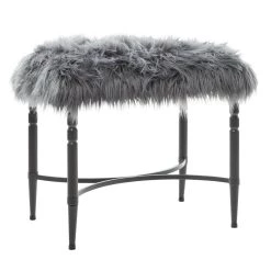 Best Sale ✔️ Gray Fur & Metal Contemporary Stool by Ivory and Iris 🔔 -Cheap Ivory and Iris Store D305078S 11