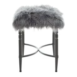 Best Sale ✔️ Gray Fur & Metal Contemporary Stool by Ivory and Iris 🔔 -Cheap Ivory and Iris Store D305078S 12