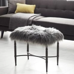 Best Sale ✔️ Gray Fur & Metal Contemporary Stool by Ivory and Iris 🔔 -Cheap Ivory and Iris Store D305078S 9