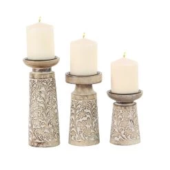 Promo π Brown & White Mango Wood Floral Candle Holder Set by Ivory and Iris π