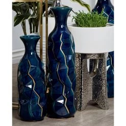 Best Pirce 😍 Tall Blue Stoneware Modern Vase by Ivory and Iris 🎉 -Cheap Ivory and Iris Store D362980S 6