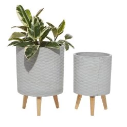 Discount 👏 Light Gray Cylinder Polystone Contemporary Planter Set by Ivory and Iris 🔥