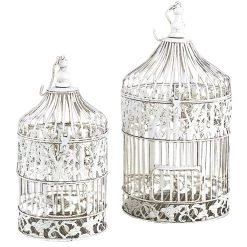 Flash Sale 🛒 Vintage Distressed White Metal Floral Bird Cage Set by Ivory and Iris 🎉
