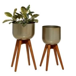 Deals 😀 Gold Mango Wood Modern Planter Set 21" & 24" by Ivory and Iris 🌟