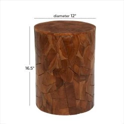 Brand new 🛒 16.5" Round Block-Style Brown Teak Wood Mosaic Side Table by Ivory and Iris 👍 -Cheap Ivory and Iris Store D400146S 5