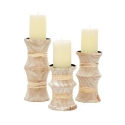 Best Pirce ✔️ Brown Wood Natural Candle Holder Set by Ivory and Iris ✨