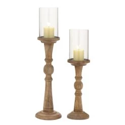 Buy βοΈ Set of 2 Light Brown Mango Wood Natural Hurricane Lamp, 23", 29" by Ivory and Iris π€©