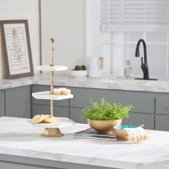 Promo 🌟 White Stoneware & Aluminum 3 Tier Tray Stand by Ivory and Iris 🎉 -Cheap Ivory and Iris Store D401713S 7