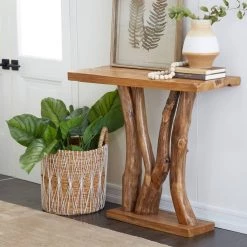 Hot Sale 👏 Brown Teak Wood Contemporary Console Table, 35" x 32" by Ivory and Iris ⭐ -Cheap Ivory and Iris Store D401872S 9