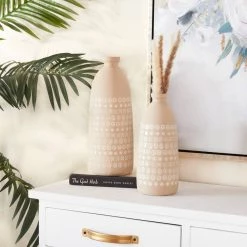 Brand new ✨ Set of 2 Beige Stoneware Rustic Vases, 15" x 5" x 5" by Ivory and Iris 🎉 -Cheap Ivory and Iris Store D489988S 7