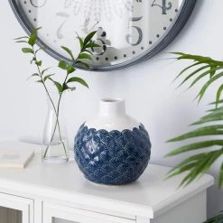 Flash Sale 🌟 Blue Ceramic Coastal Vase, 9" x 8" x 8" by Ivory and Iris 🎁 -Cheap Ivory and Iris Store D490060S 6