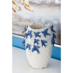 Best deal 👏 White Ceramic Coastal Vase, 12" x 9" x 9" by Ivory and Iris ⭐ -Cheap Ivory and Iris Store D490080S 8