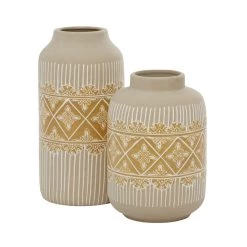 Cheapest π Set of 2 Beige Ceramic Boho Style Vase 9", 11" by Ivory and Iris β€οΈ