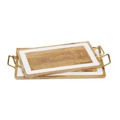 Outlet 🥰 White & Brown Mango Wood Modern Tray Set by Ivory and Iris 🔔