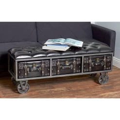 Coupon ✔️ Industrial Rectangular Black Faux Leather and Wood Storage Bench, 19" x 47" x 16" by Ivory and Iris 🔥 -Cheap Ivory and Iris Store D493829S 11