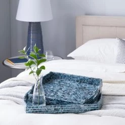 Best Pirce 👏 Blue Wood Coastal Tray Set by Ivory and Iris 😀 -Cheap Ivory and Iris Store D496795S 7