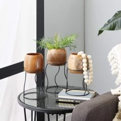 New 🎉 Set of 3 Brown Teak Wood Rustic Planter 9", 11", 10" by Ivory and Iris ⌛ -Cheap Ivory and Iris Store D501377S 7