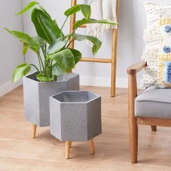 Hot Sale 😀 Set of 2 Grey MgO Contemporary Planter 17", 15" by Ivory and Iris 🧨 -Cheap Ivory and Iris Store D501401S 7 1