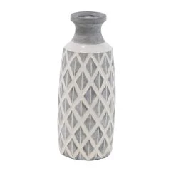 Deals ⭐ Coastal Gray And White Ceramic Jar Vase With Criss Cross Pattern, 16" x 6" x 6" by Ivory and Iris ✨