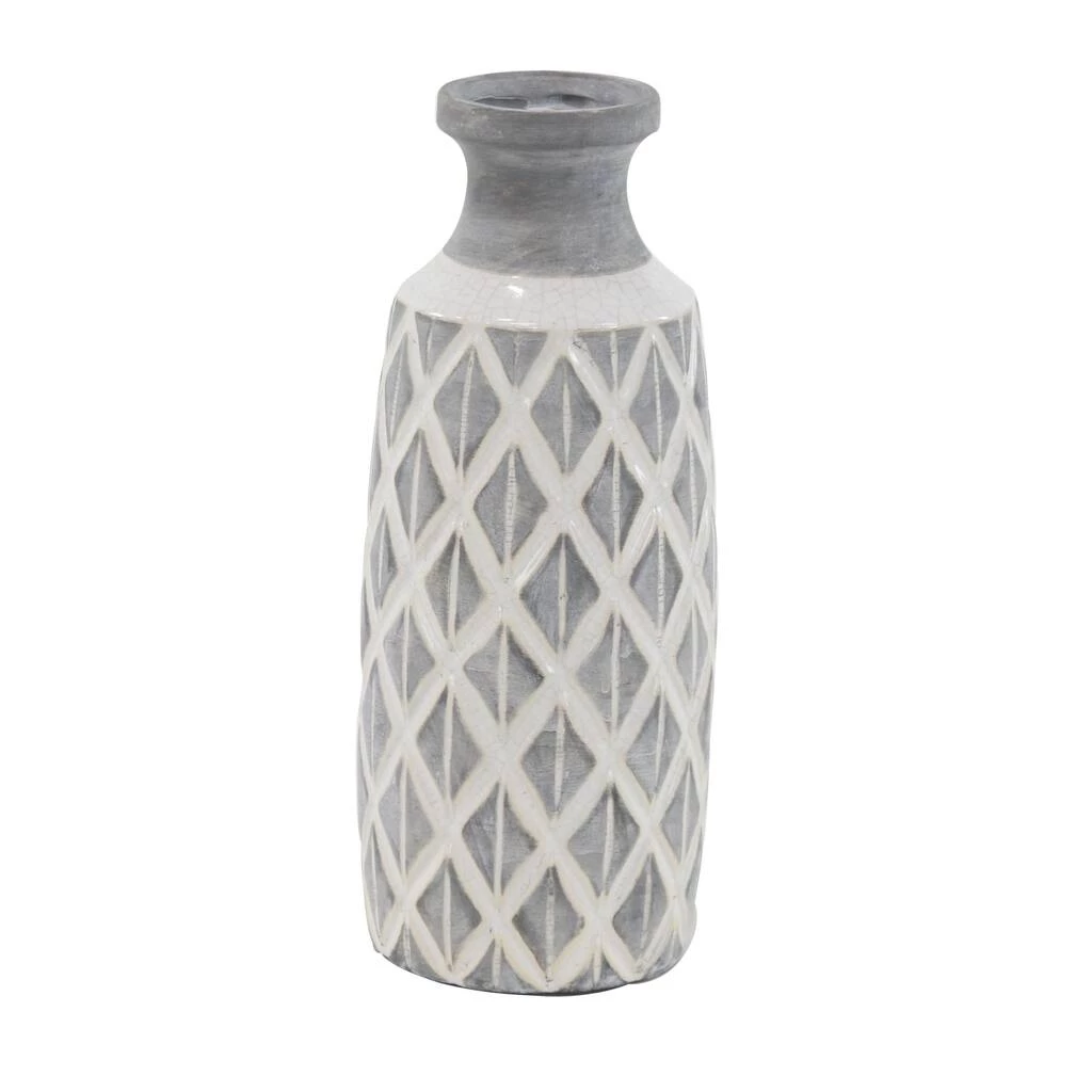Deals ⭐ Coastal Gray And White Ceramic Jar Vase With Criss Cross Pattern, 16" x 6" x 6" by Ivory and Iris ✨ 1 Deals ⭐ Coastal Gray And White Ceramic Jar Vase With Criss Cross Pattern, 16" x 6" x 6" by Ivory and Iris ✨