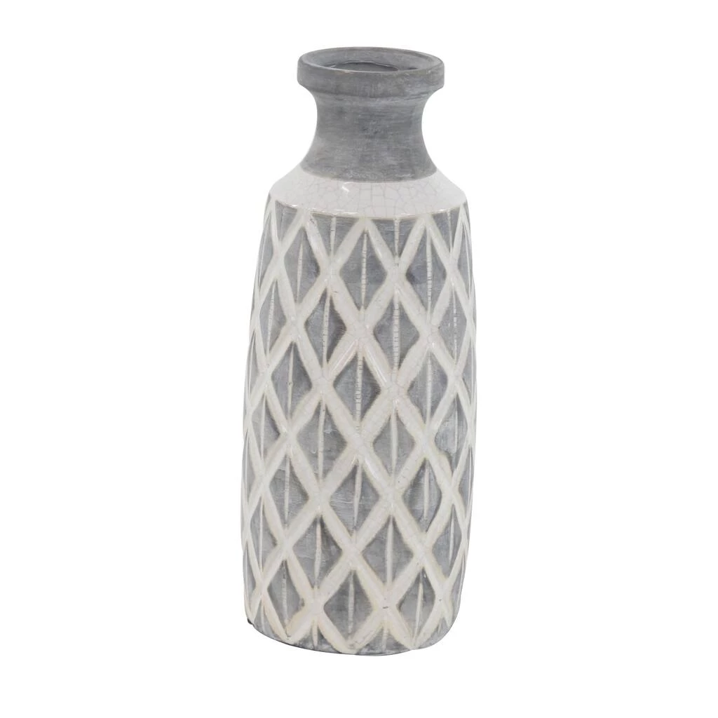 Deals ⭐ Coastal Gray And White Ceramic Jar Vase With Criss Cross Pattern, 16" x 6" x 6" by Ivory and Iris ✨ 2 Deals ⭐ Coastal Gray And White Ceramic Jar Vase With Criss Cross Pattern, 16" x 6" x 6" by Ivory and Iris ✨ - Image 2
