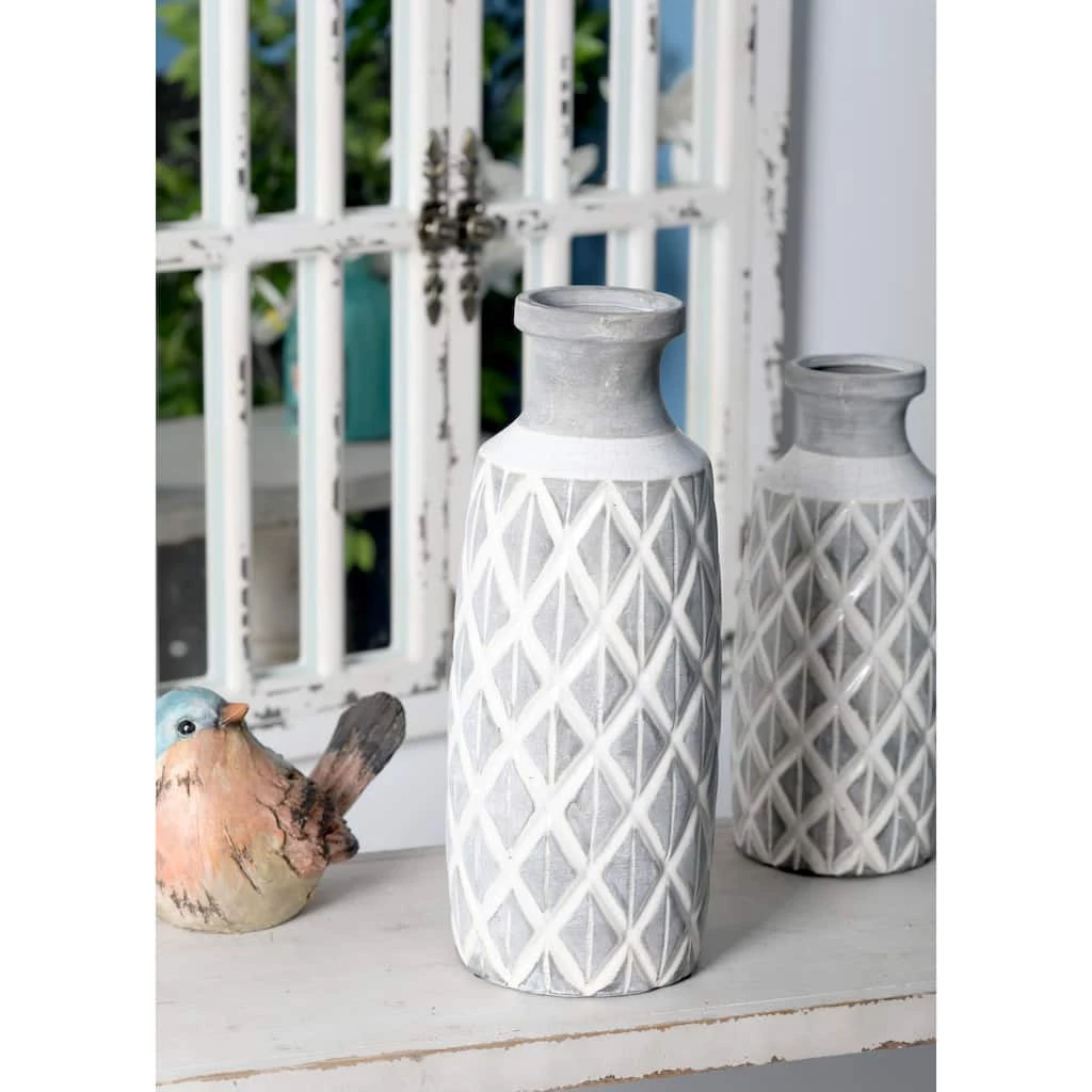 Deals ⭐ Coastal Gray And White Ceramic Jar Vase With Criss Cross Pattern, 16" x 6" x 6" by Ivory and Iris ✨ 6 Deals ⭐ Coastal Gray And White Ceramic Jar Vase With Criss Cross Pattern, 16" x 6" x 6" by Ivory and Iris ✨ - Image 6