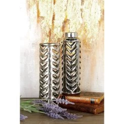 Best Pirce 🌟 Set of 2 Silver Stoneware Glam Vase, 4" x 11" by Ivory and Iris ✔️ -Cheap Ivory and Iris Store D502670S 9