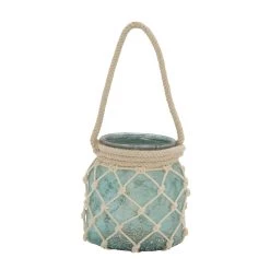 Promo 🤩 Aquamarine Glass Coastal Candle Holder Lantern, 15" x 7" x 7" by Ivory and Iris ✔️