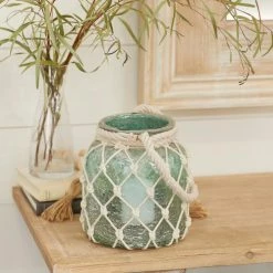 Promo 🤩 Aquamarine Glass Coastal Candle Holder Lantern, 15" x 7" x 7" by Ivory and Iris ✔️ -Cheap Ivory and Iris Store D503800S 7