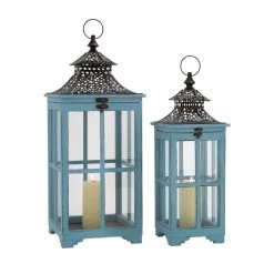Cheapest 😍 Set of 2" Turquoise Wood Coastal Lantern, 21", 26" by Ivory and Iris ⌛