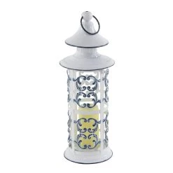 Discount 🥰 White Iron Farmhouse Candle Holder Lantern, 20" x 7" x 7" by Ivory and Iris ⭐