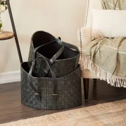 Cheap ⭐ Dark Blue Leather Handmade Storage Basket With Handles Set by Ivory and Iris 😍 -Cheap Ivory and Iris Store D616720S 8