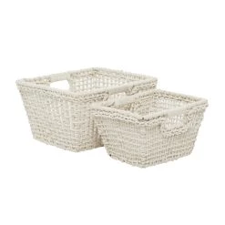 Best Pirce 🔥 CosmoLiving by Cosmopolitan White Cotton Handmade Storage Basket Set With Handles by Ivory and Iris 👏